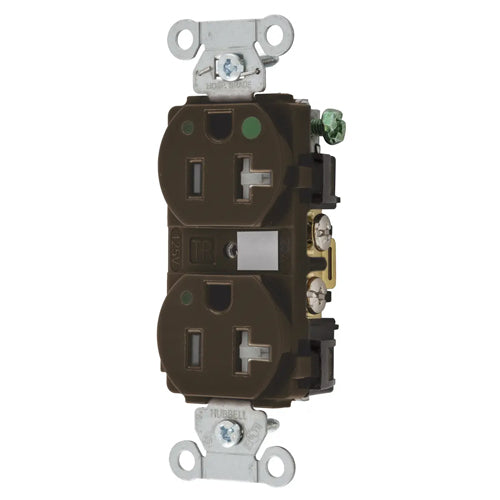 Hubbell-PRO Extra Heavy Duty Hospital Grade Receptacles, Tamper Resistant, Duplex, LED Indicator, Smooth Nylon Face, Back And Side Wired, 20A 125V, 5-20R, 2-Pole 3-Wire Grounding, Brown, 8300LTRA