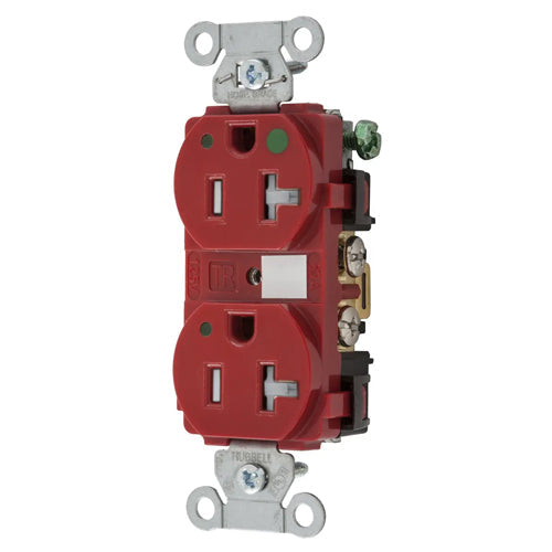 Hubbell-PRO Extra Heavy Duty Hospital Grade Receptacles, Tamper Resistant, Duplex, LED Indicator, Smooth Nylon Face, Back And Side Wired, 20A 125V, 5-20R, 2-Pole 3-Wire Grounding, Red, 8300REDLTRA