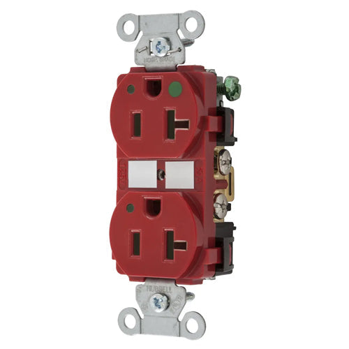 Hubbell-PRO Extra Heavy Duty Hospital Grade Receptacles, Duplex, LED Indicator, Smooth Nylon Face, Back And Side Wired, 20A 125V, 5-20R, 2-Pole 3-Wire Grounding, Red, 8300REDL