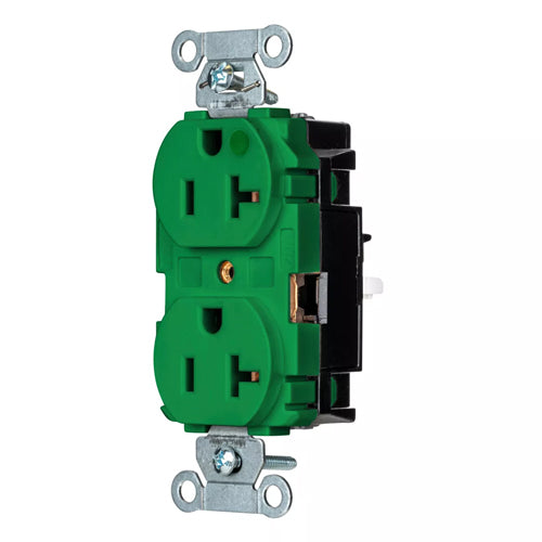 EdgeConnect Hubbell-PRO Extra Heavy Duty Hospital Grade Receptacles, Duplex, Smooth Face, Spring Termination, 20A 125V, 5-20R, 2-Pole 3-Wire Grounding, Green, 8300STGN