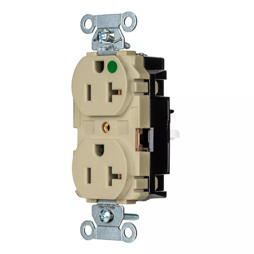 EdgeConnect Hubbell-PRO Extra Heavy Duty Hospital Grade Receptacles, Duplex, Smooth Face, Spring Termination, 20A 125V, 5-20R, 2-Pole 3-Wire Grounding, Ivory, 8300STI