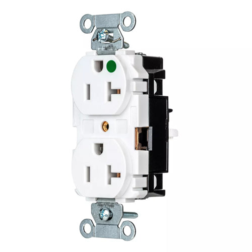 EdgeConnect Hubbell-PRO Extra Heavy Duty Hospital Grade Receptacles, Duplex, Smooth Face, Spring Termination, 20A 125V, 5-20R, 2-Pole 3-Wire Grounding, White, 8300STW