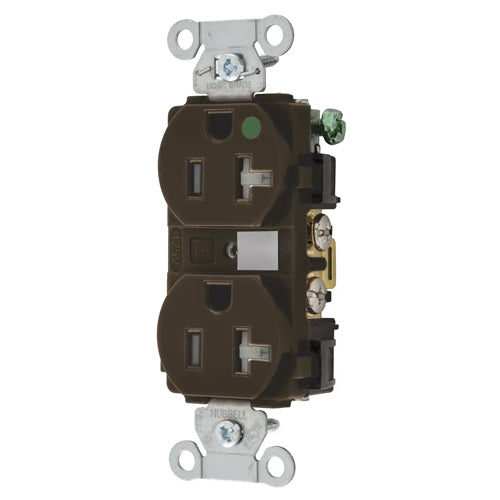 Hubbell-PRO Extra Heavy Duty Hospital Grade Receptacles, Duplex, Tamper Resistant, Smooth Nylon Face, Back And Side Wired, 20A 125V, 5-20R, 2-Pole 3-Wire Grounding, Brown, 8300TRA