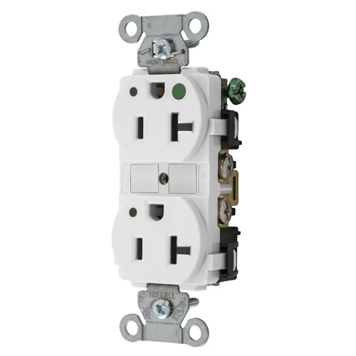 Hubbell-PRO Extra Heavy Duty Hospital Grade Receptacles, Duplex, LED Indicator, Smooth Nylon Face, Back And Side Wired, 20A 125V, 5-20R, 2-Pole 3-Wire Grounding, White, 8300WL