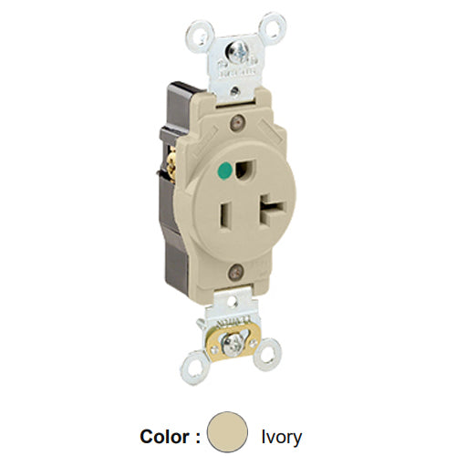 Leviton 8310-I, Standard Straight Blade Single Receptacle, Heavy-Duty Hospital Grade, Smooth Face, 20A 125V, NEMA 5-20R, 2-Pole, 3-Wire, Back and Side Wire, Ivory