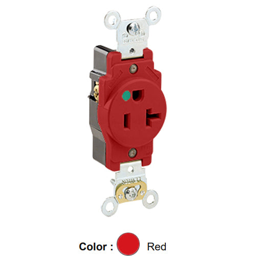 Leviton 8310-R, Standard Straight Blade Single Receptacle, Heavy-Duty Hospital Grade, Smooth Face, 20A 125V, NEMA 5-20R, 2-Pole, 3-Wire, Back and Side Wire, Red