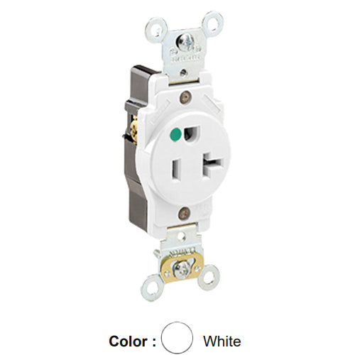 Leviton 8310-W, Standard Straight Blade Single Receptacle, Heavy-Duty Hospital Grade, Smooth Face, 20A 125V, NEMA 5-20R, 2-Pole, 3-Wire, Back and Side Wire, White