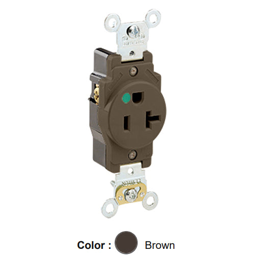 Leviton 8310, Standard Straight Blade Single Receptacle, Heavy-Duty Hospital Grade, Smooth Face, 20A 125V, NEMA 5-20R, 2-Pole, 3-Wire, Back and Side Wire, Brown