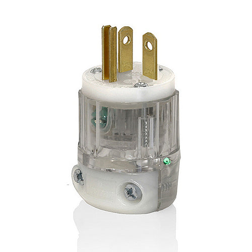 Leviton 8315-PLC, Straight Blade Plug, Hospital Grade, Power Indication, 20A 125V, NEMA 5-20P, 2-Pole, 3-Wire, Grounding, Transparent