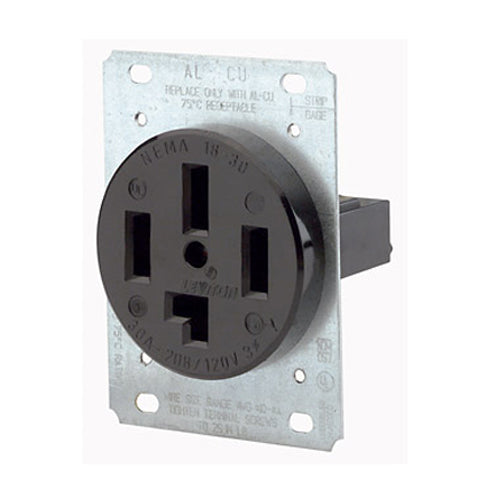 Leviton 8330, Straight Blade Flush Mount Receptacle, Industrial Grade, 3-Phase Y, 30A 120/208V, NEMA 18-30R, 4-Pole, 4-Wire, Non-Grounding, Side Wire, Steel Strap, Black