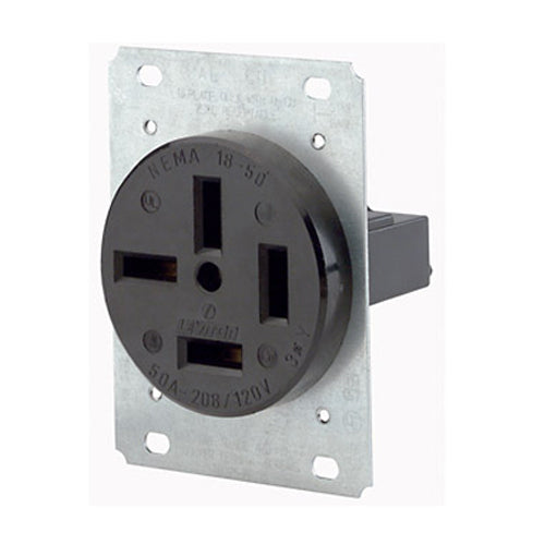 Leviton 8350, Straight Blade Flush Mount Receptacle, Industrial Grade, 3-Phase Y, 50A 120/208V, NEMA 18-50R, 4-Pole, 4-Wire, Non-Grounding, Side Wire, Steel Strap, Black
