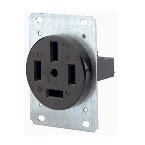 Leviton 8360, Straight Blade Flush Mount Receptacle, Industrial Grade, 3-Phase Y, 60A 120/208V, NEMA 18-60R, 4-Pole, 4-Wire, Non-Grounding, Side Wire, Steel Strap, Black