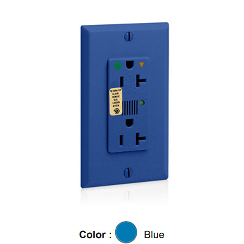 Leviton 8380-IGB, Decora Plus Surge Protective Isolated Ground Duplex Receptacle, Heavy-Duty Hospital Grade, Audible Alarm, Indicator Light, 20A 125V, NEMA 5-20R, 2-Pole, 3-Wire, Back and Side Wire, Blue