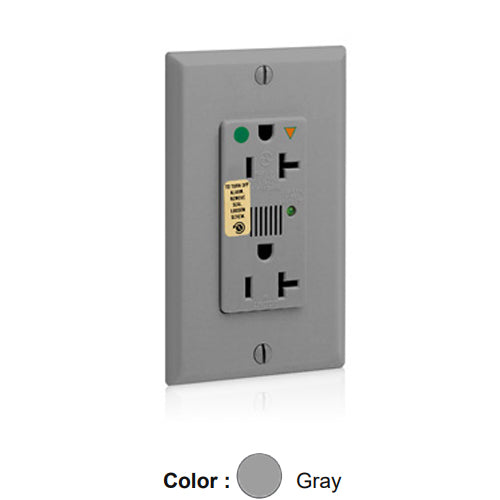 Leviton 8380-IGG, Decora Plus Surge Protective Isolated Ground Duplex Receptacle, Heavy-Duty Hospital Grade, Audible Alarm, Indicator Light, 20A 125V, NEMA 5-20R, 2-Pole, 3-Wire, Back and Side Wire, Gray