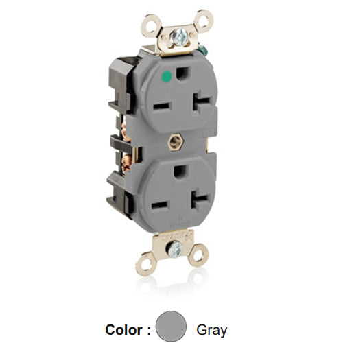 Leviton 8400-GY, Standard Straight Blade Duplex Receptacle, Extra Heavy-Duty Hospital Grade, Smooth Face, 20A 250V, NEMA 6-20R, 2-Pole, 3-Wire, Back and Side Wire, Gray