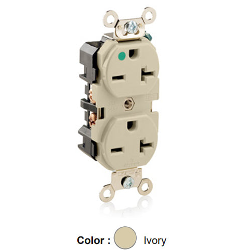 Leviton 8400-I, Standard Straight Blade Duplex Receptacle, Extra Heavy-Duty Hospital Grade, Smooth Face, 20A 250V, NEMA 6-20R, 2-Pole, 3-Wire, Back and Side Wire, Ivory