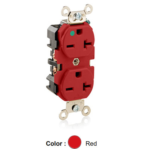 Leviton 8400-R, Standard Straight Blade Duplex Receptacle, Extra Heavy-Duty Hospital Grade, Smooth Face, 20A 250V, NEMA 6-20R, 2-Pole, 3-Wire, Back and Side Wire, Red