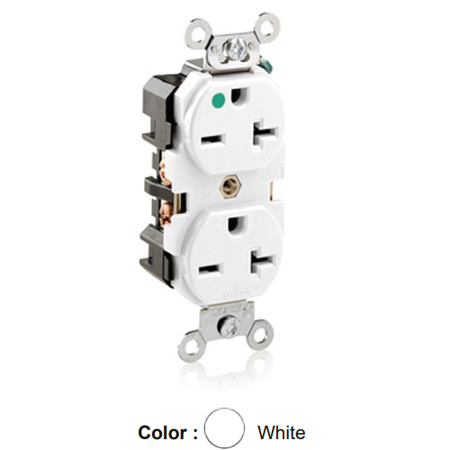 Leviton 8400-W, Standard Straight Blade Duplex Receptacle, Extra Heavy-Duty Hospital Grade, Smooth Face, 20A 250V, NEMA 6-20R, 2-Pole, 3-Wire, Back and Side Wire, White