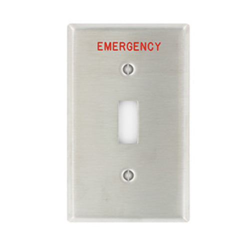 Leviton 84001-E40,  1-Gang Toggle Device Switch Wallplate, Standard Size, Engraved Emergency, Red Lettering, Non-Magnetic Stainless Steel