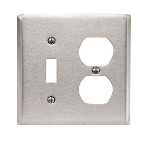 Leviton 84005, 2-Gang 1-Toggle and 1-Duplex Device Combination Wallplate, Standard Size, 430 Stainless Steel, Device Mount, Stainless Steel
