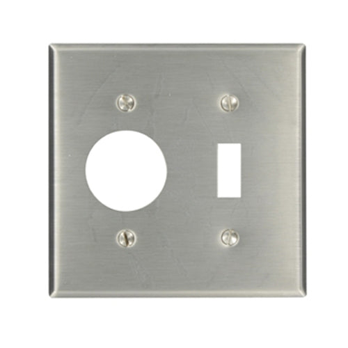 Leviton 84007, 2-Gang 1-Toggle and 1-Single 1.406 Inch Diameter Device Combination Wallplate, Standard Size, 430 Stainless Steel, Device Mount, Stainless Steel