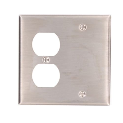 Leviton 84008-40, 2-Gang 1-Duplex 1-Blank Device Combination Wallplate, Standard Size, Non-Magnetic Stainless Steel, Box Mount