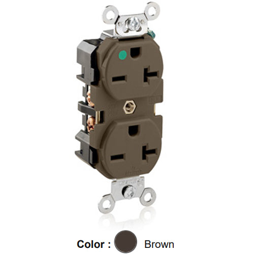 Leviton 8400, Standard Straight Blade Duplex Receptacle, Extra Heavy-Duty Hospital Grade, Smooth Face, 20A 250V, NEMA 6-20R, 2-Pole, 3-Wire, Back and Side Wire, Brown