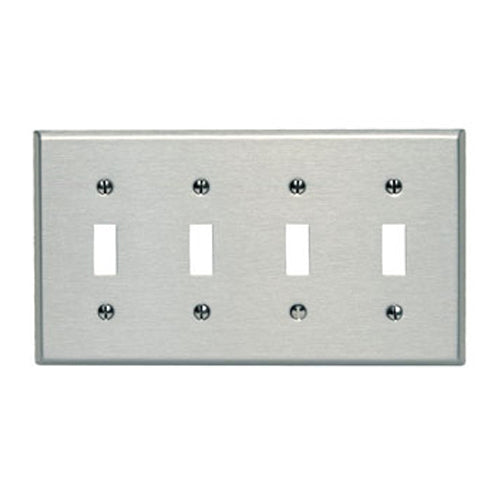 Leviton 84112-40, 4-Gang Toggle Switch Wallplate, Oversized, Non-Magnetic Stainless Steel, Device Mount