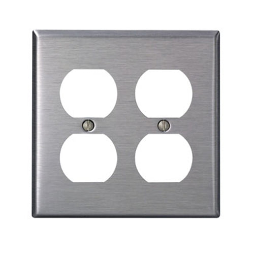 Leviton 84016-40, 2-Gang Duplex Receptacle Wallplate, Standard Size, Device Mount, Non-Magnetic Stainless Steel, Brushed Finish