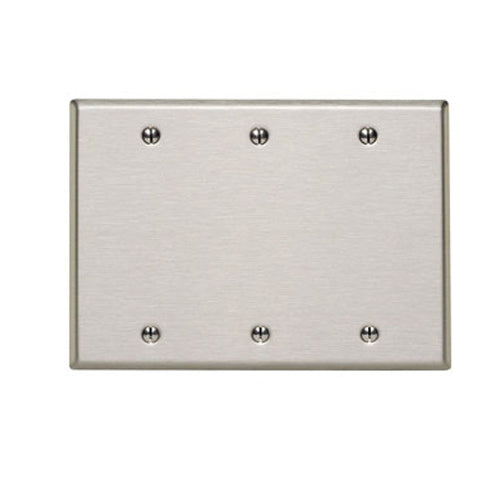 Leviton 84033-40, 3-Gang No Device Blank Wallplate, Standard Size, Box Mount, Non-Magnetic Stainless Steel