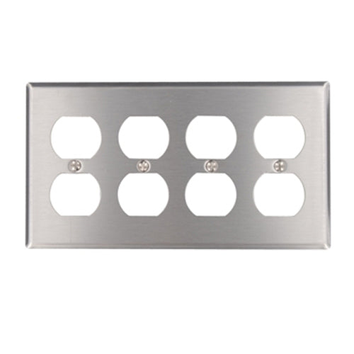 Leviton 84041-40, 4-Gang Duplex Receptacle Wallplate, Standard Size, Device Mount, Non-Magnetic Stainless Steel, Brushed Finish