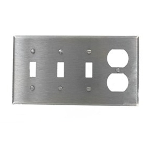 Leviton 84043, 4-Gang 3-Toggle and 1-Duplex Device Combination Wallplate, Standard Size, 430 Stainless Steel, Device Mount, Stainless Steel