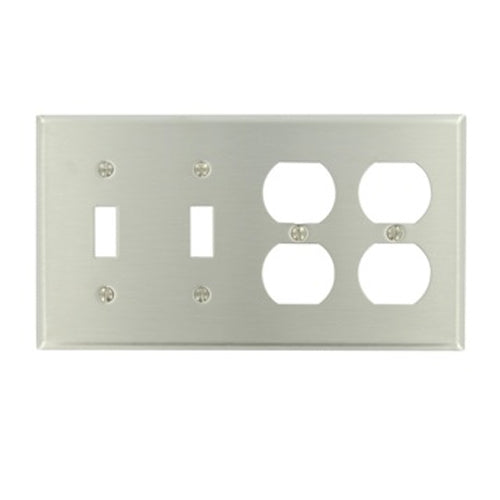 Leviton 84045-40, 4-Gang 2-Toggle 2-Duplex Device Combination Wallplate, Standard Size, Non-Magnetic Stainless Steel, Device Mount