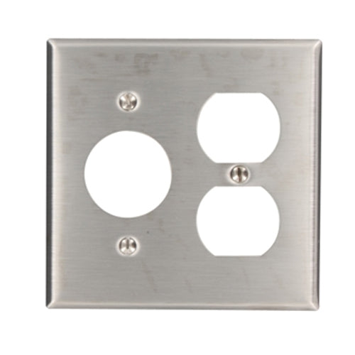 Leviton 84046-40, 2-Gang 1-Duplex 1-Single 1.406 Inch Diameter Device Combination Wallplate, Standard Size, Non-Magnetic Stainless Steel, Device Mount
