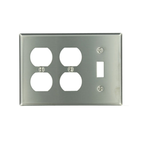 Leviton 84047-40, 3-Gang 1-Toggle 2-Duplex Device Combination Wallplate, Standard Size, Non-Magnetic Stainless Steel, Device Mount
