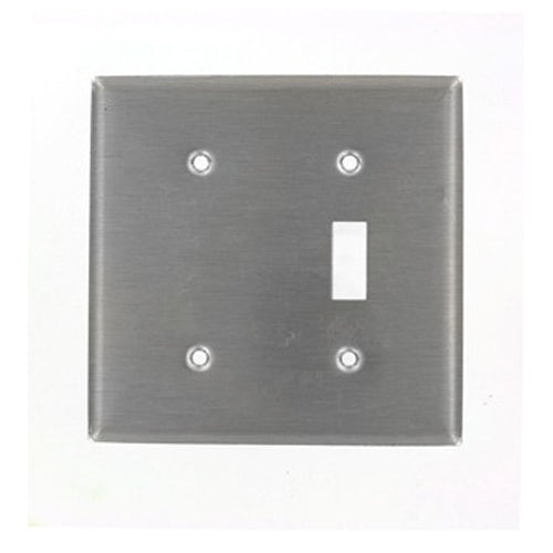 Leviton 84077-40, 2-Gang 1-Toggle and 1-Blank Device Combination Wallplate, Standard Size, Strap Mount, Non-Magnetic Stainless Steel
