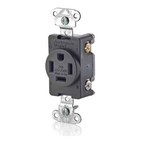 Leviton 8410, Standard Straight Blade Single Receptacle, Commercial Specification Grade, Smooth Face, 20A 125/250V, NEMA 14-20R, 3-Pole, 4-Wire, Back and Side Wire, Black