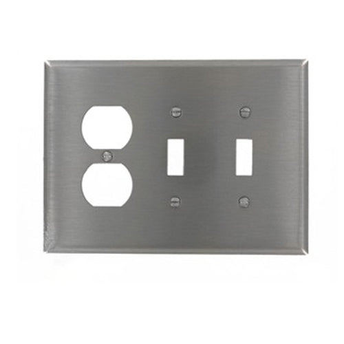 Leviton 84121-40, 3-Gang 2-Toggle 1-Duplex Device Combination Wallplate, Oversized Size, Non-Magnetic Stainless Steel, Device Mount