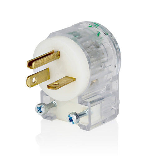 Leviton 8415-CAT, Straight Blade Angle Plug, Hospital Grade, 20A 250V, NEMA 6-20P, 2-Pole, 3-Wire, Grounding, Transparent