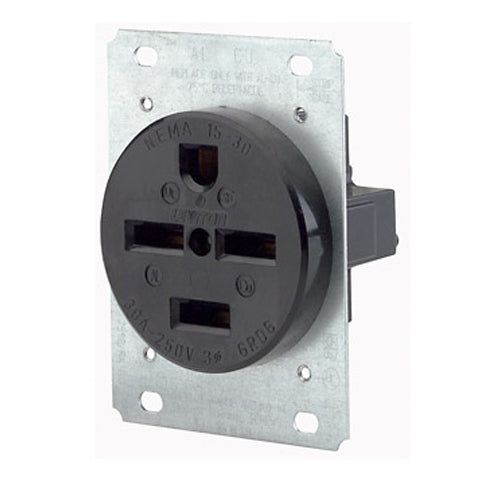 Leviton 8430, Straight Blade Flush Mount Receptacle, Industrial Grade, 3-Phase Y, 30A 250V, NEMA 15-30R, 3-Pole, 4-Wire, Grounding, Side Wire, Steel Strap, Black