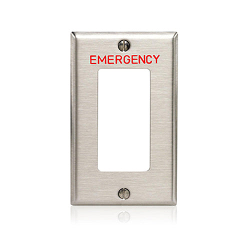 Leviton 84401-E40, 1-Gang Decora Duplex Receptacle Wallplate, Engraved Emergency, Red Lettering, Standard Size, 302 Stainless Steel, Device Mount