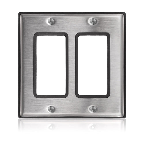 Leviton 84409-G40, 2-Gang Decora Device Wallplate, Standard Size, Non-Magnetic Stainless Steel, Over-Molded Gasket