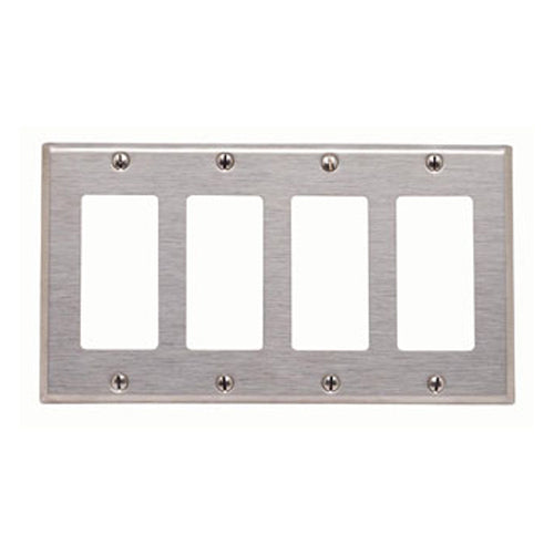 Leviton 84412-40, 4-Gang Decora/GFCI Device Decora Wallplate, Standard Size, Non-Magnetic Stainless Steel, Device Mount