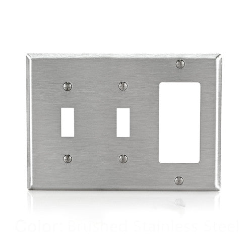 Leviton 84421-40, 3-Gang 2-Toggle 1-Decora/GFCI Device Combination Wallplate, Standard Size, Non-Magnetic Stainless Steel, Device Mount