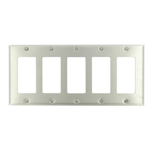 Leviton 84423-40, 5-Gang Decora/GFCI Device Decora Wallplate, Standard Size, Non-Magnetic Stainless Steel, Device Mount