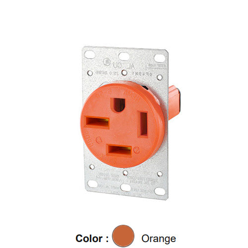 Leviton 8450-IG, Straight Blade Flush Mount Receptacle, Industrial Grade, 3-Phase, 50A 250V, NEMA 15-50R, 3-Pole, 4-Wire, Isolated Ground, Side Wire, Orange