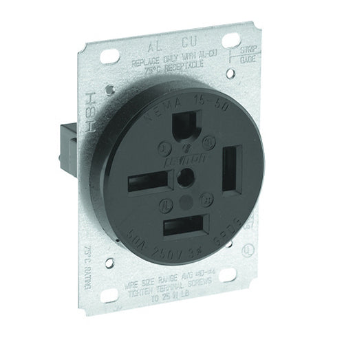 Leviton 8450, Straight Blade Flush Mount Receptacle, Industrial Grade, 3-Phase, 50A 250V, NEMA 15-50R, 3-Pole, 4-Wire, Grounding, Side Wire, Steel Strap, Black