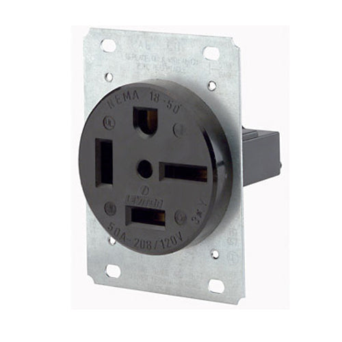 Leviton 8460, Straight Blade Flush Mount Receptacle, Industrial Grade, 3-Phase, 60A 250V, NEMA 15-60R, 3-Pole, 4-Wire, Grounding, Side Wire, Steel Strap, Black