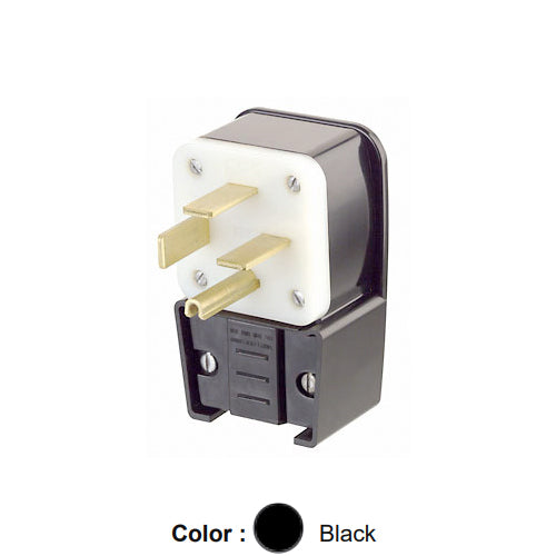 Leviton 8462-P, Straight Blade Angled Plug, Industrial Grade, 3-Phase, 60A 250V, NEMA 15-60P, 3-Pole, 4-Wire, Grounding, Black