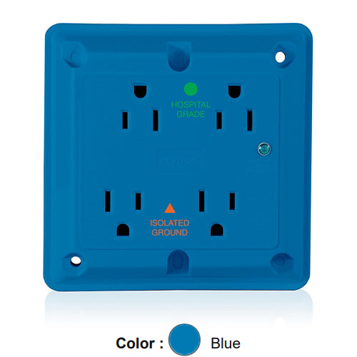 Leviton 8480-IGB, 4-in-1 Surge Protective Isolated Ground Quadruplex Receptacle, Heavy-Duty Hospital Grade, Indicator Light, 15A 125V, NEMA 5-15R, 2-Pole, 3-Wire, Side Wire Only, Blue